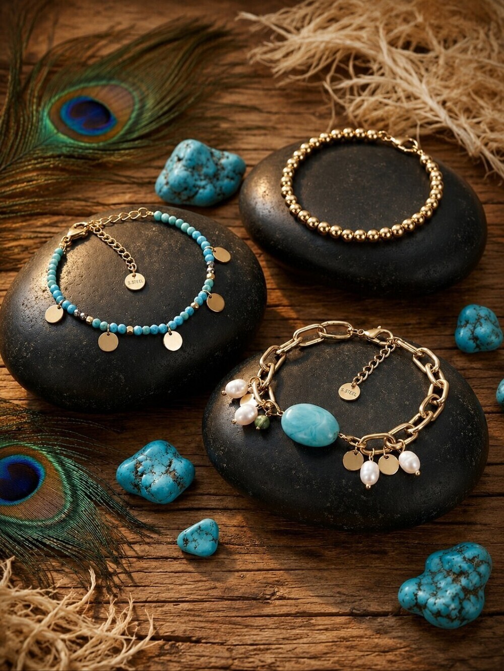 18k Gold Plated 316L SS Blue Jade and Freshwater Pearl Stackable Bracelet Set